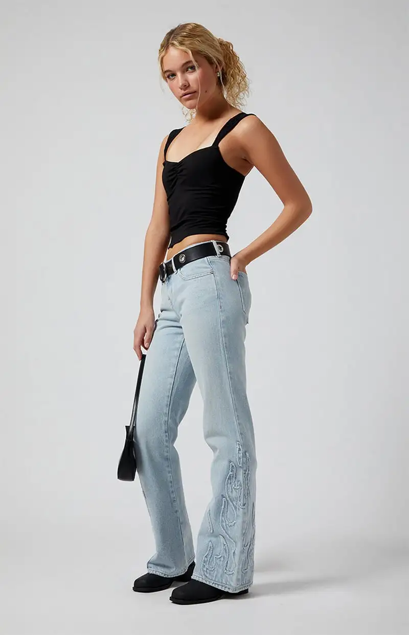 PacSun Jade Flames Low Rise Bootcut Jeans Light Indigo
