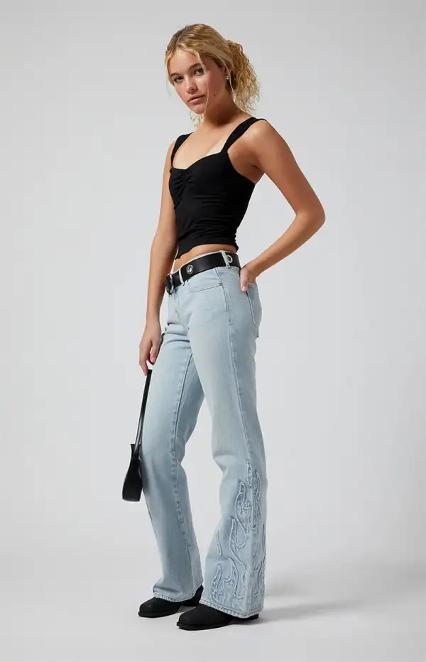 PacSun Jade Flames Low Rise Bootcut Jeans Light Indigo