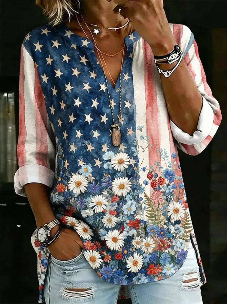 Women's Nashville American Flag Daisy Floral Printed V-neck Top