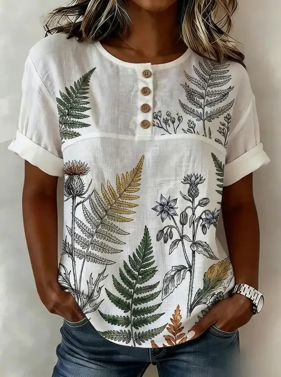 Women's Nashville Botanical Fern Printed Button-Up Top