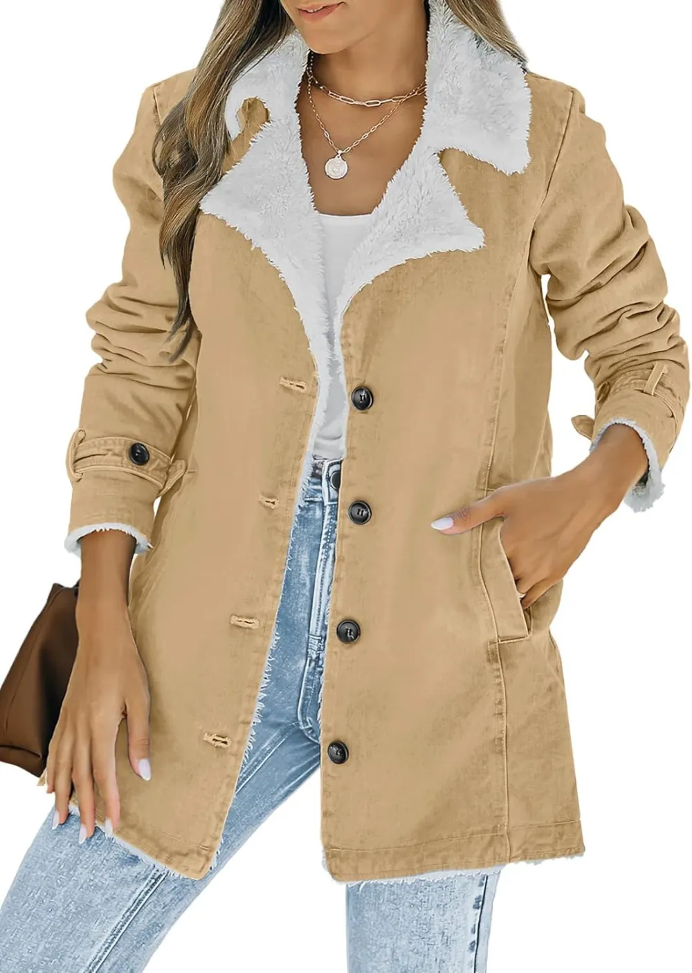Womens Winter Warm Jean Jacket Stand Collar Wool Liner Sherpa Denim Coats Thicker Outerwear with Pockets