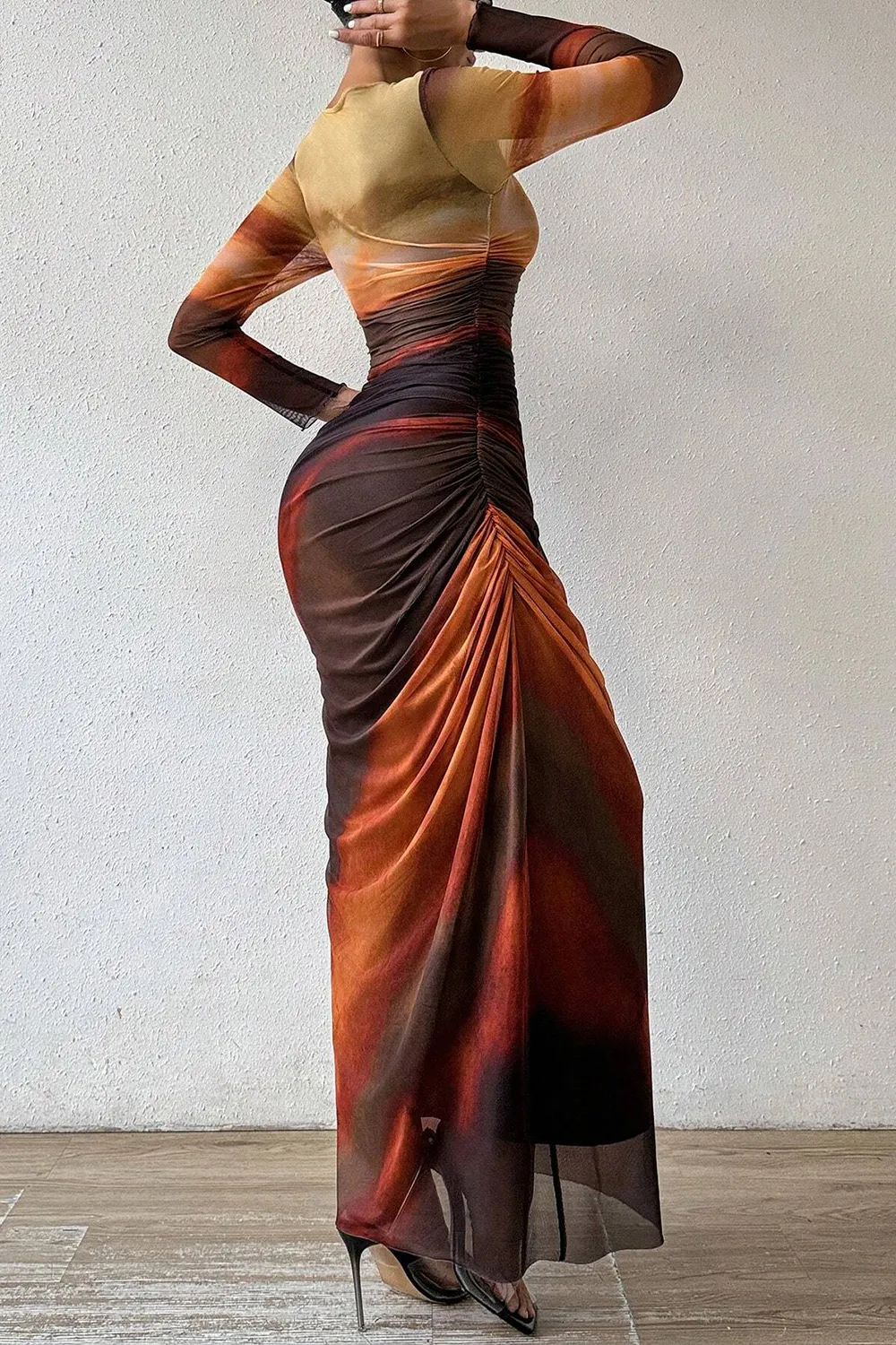 Women's Tie Dye Long Sleeve Pleated Dress