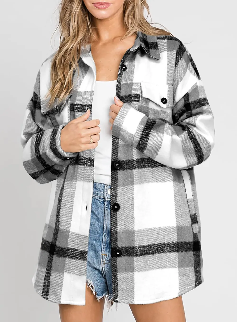 Women's Flannel Plaid Shacket Long Sleeve Button Down Chest Pocketed Shirts Jacket Coats