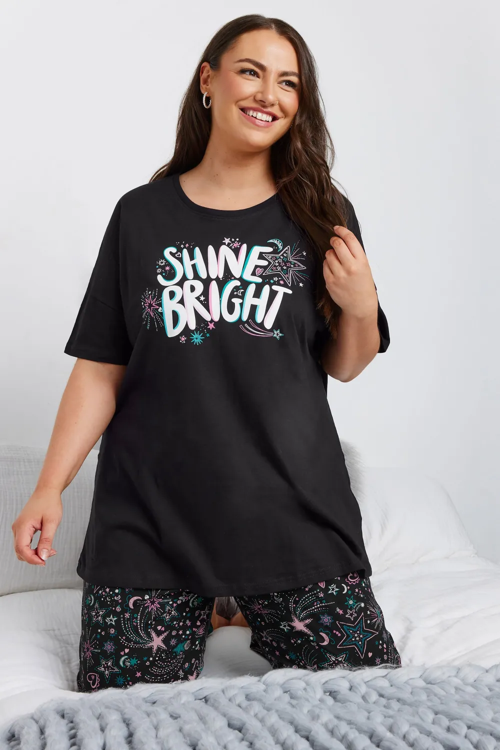 YOURS Curve Black 'Shine Bright' Wide Leg Pyjama Set