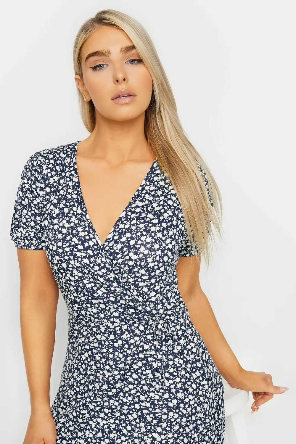 M&Co Navy Blue Ditsy Floral Print Midi Wrap Dress