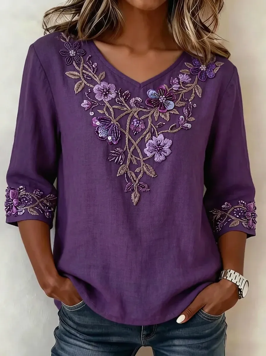 Women's Nashville Floral Embroidery V-Neck Printed Top