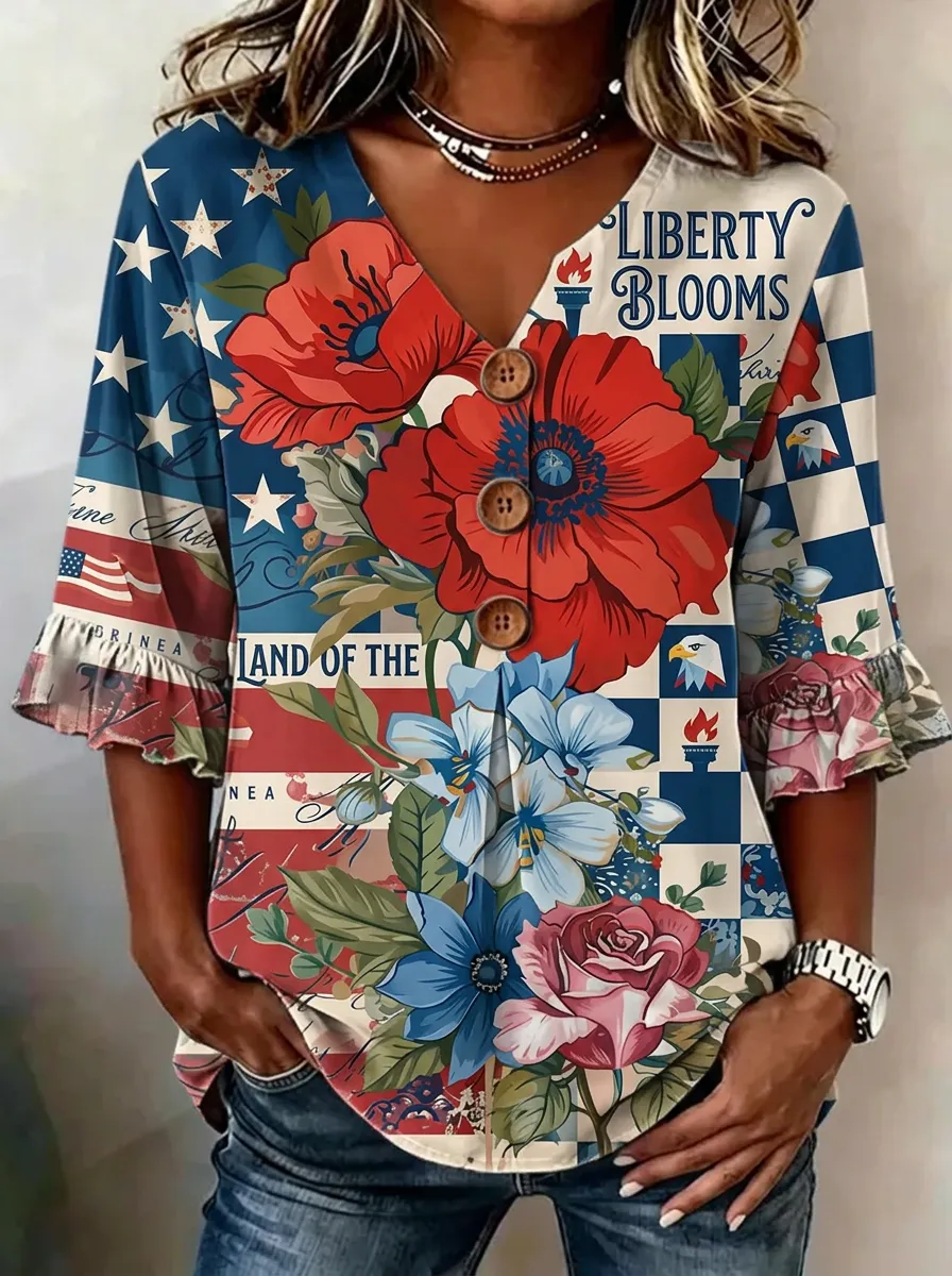 Women's Nashville Patriotic Floral Liberty Blooms Printed V-neck Top