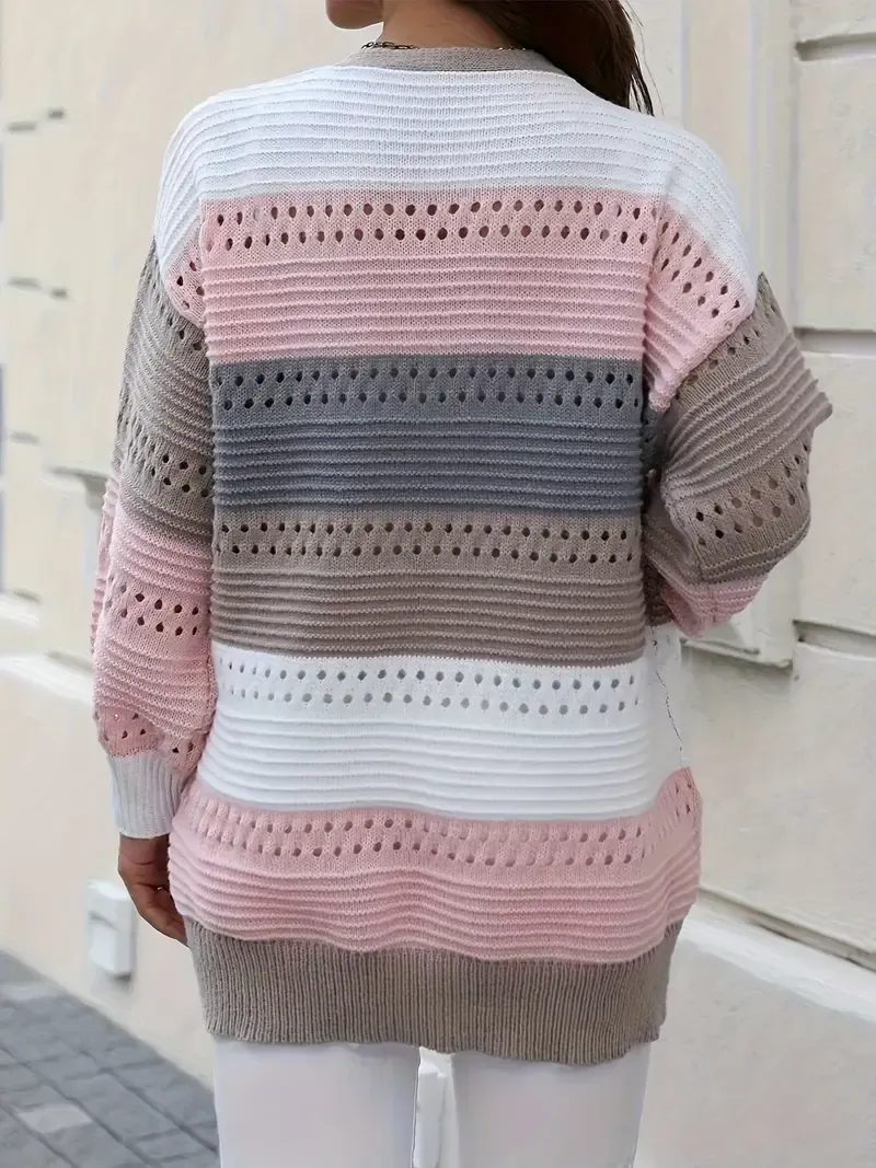 Casual Autumn Wear| Women's Plus Size Color Block Open Front Cardigan - Casual V-Neck, Eyelet Detail, Long Sleeve, Knit Sweater - Machine Washable, Polyester