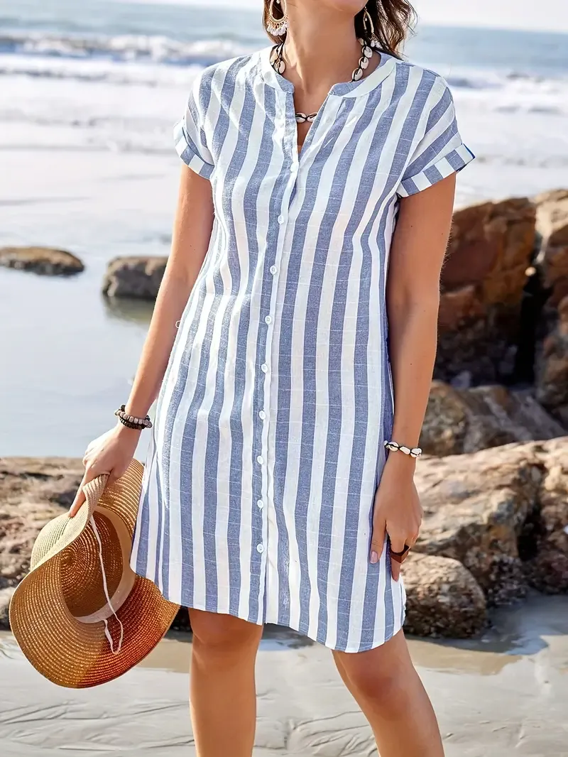 Elegant Women's Striped V-Neck Midi Dress - Casual Short Sleeve, Button Front, Lightweight Polyester, Perfect for Summer Beach Outings, Beach Dress