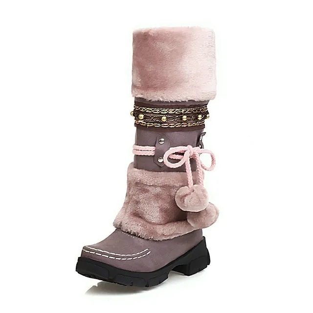 Women's Boots Snow Boots Plus Size Outdoor Daily Fleece Lined Knee High Boots Winter Bowknot Pom-pom Chunky Heel Round Toe Casual Industrial Style PU Lace-up Black Purple Brown