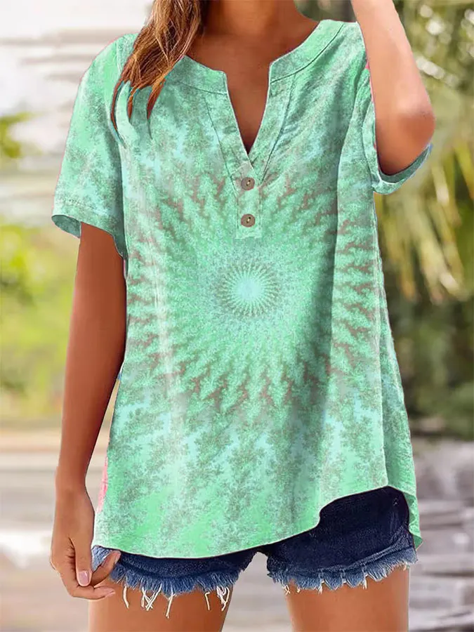 Women'S Retro Love Printed V-Neck Button T-Shirt