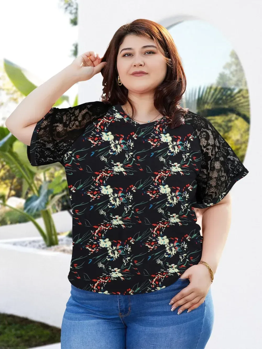 HDLTE Womens Plus Size Tops Floral Bell Sleeves Blouses Summer Crewneck Tunic Loose Casual T Shirts