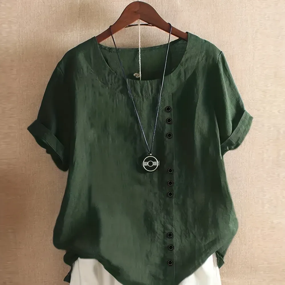 Plus Size Solid Button Decor Short Sleeve T-shirt, Women's Plus Casual Round Neck Tee