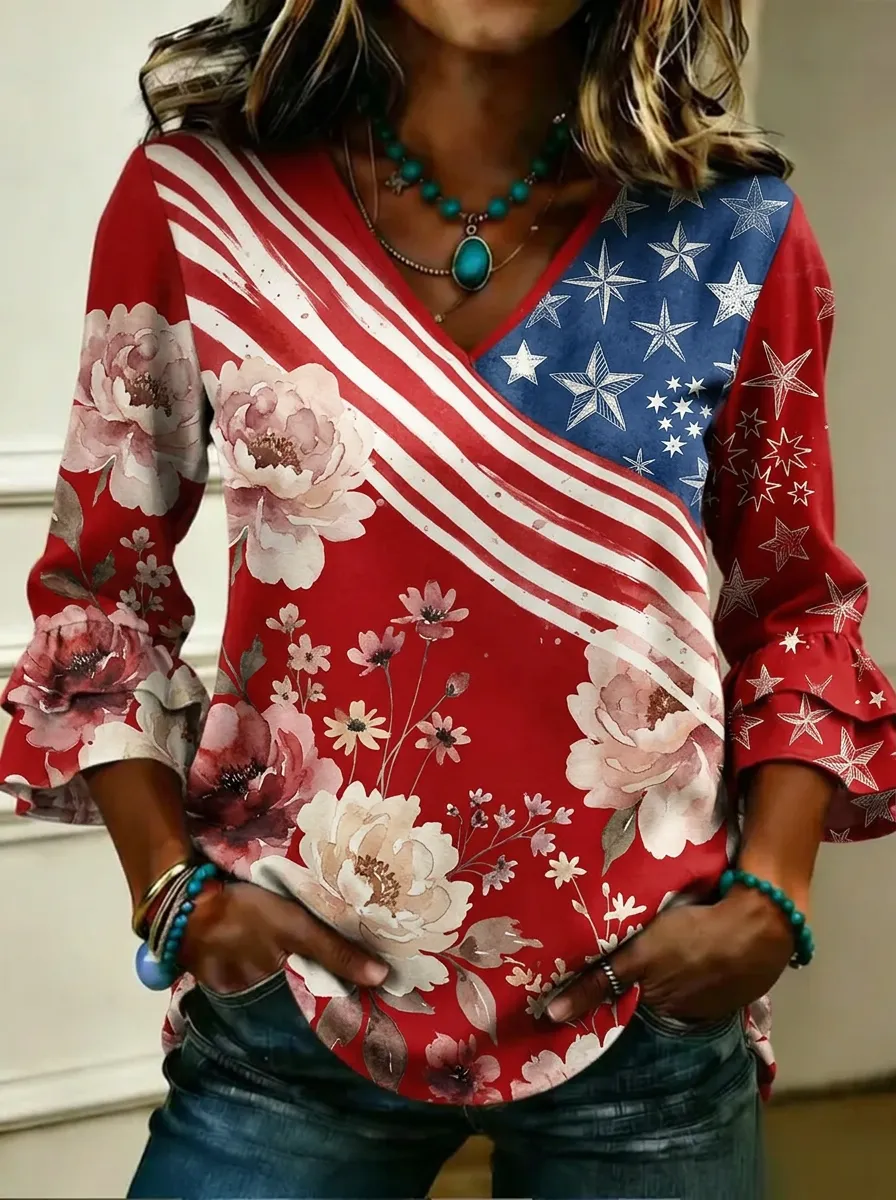 Women's Nashville Patriotic Floral Star Printed V-neck Top