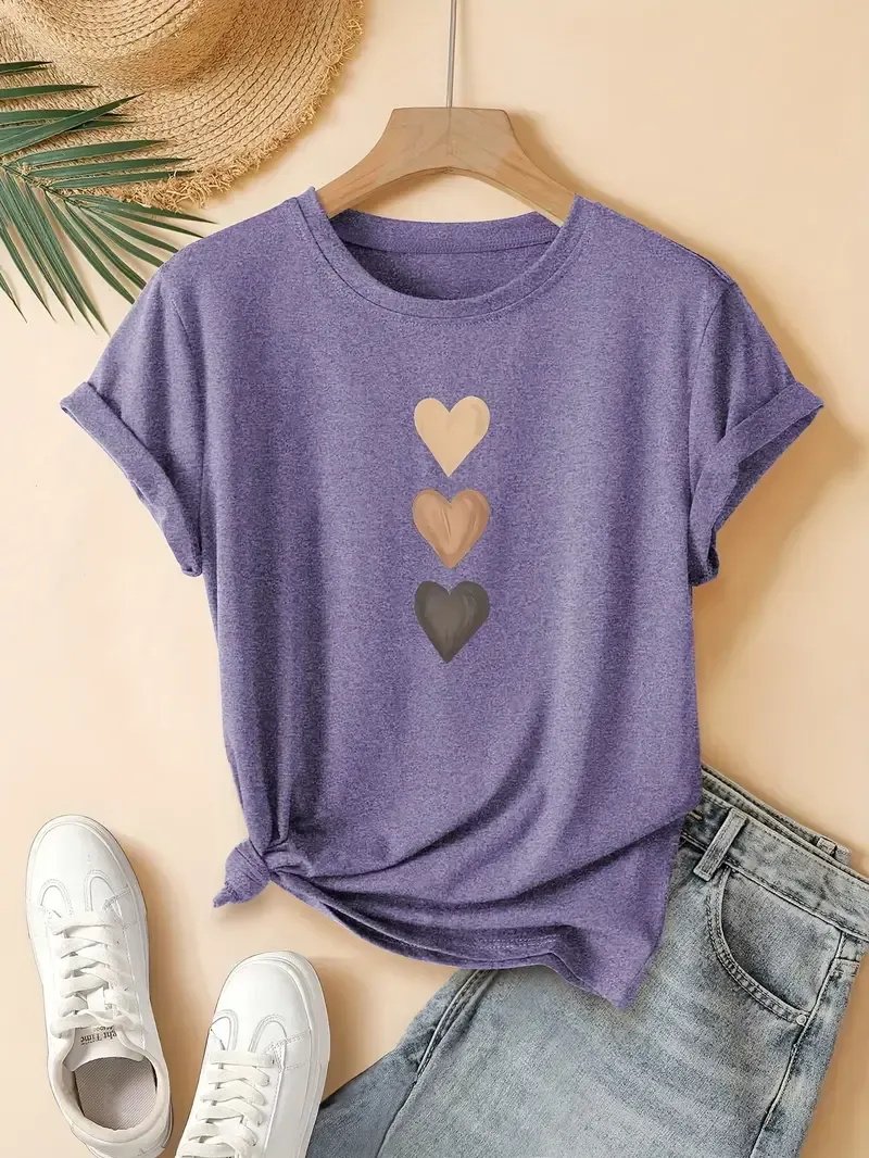Heart Print Casual T-Shirt, Crew Neck Short Sleeves Sports Tee, Women's Activewear