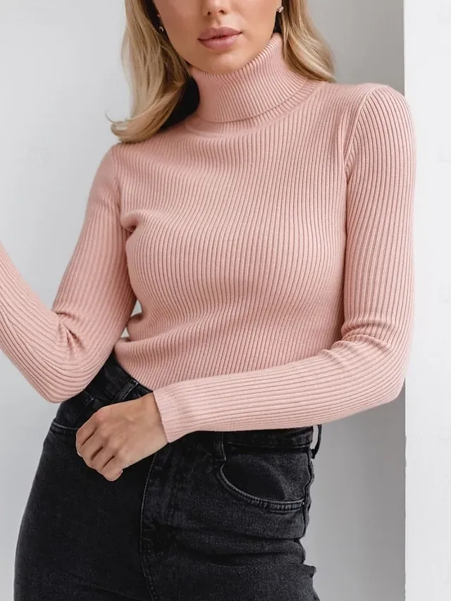 Women's Sweater Casual Soft Pure Color Ribbed Turtleneck Knitted Long Sleeve Regular Tops Knit Outdoor Daily Weekend Black White Fall Winter