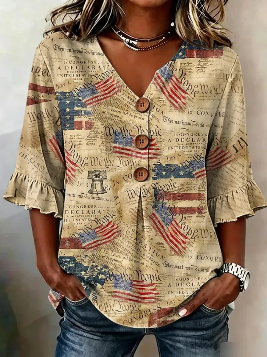 Women's Nashville Patriotic Declaration Printed V-neck Button Top