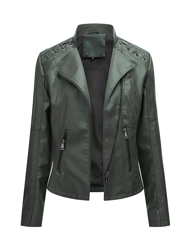 Women's  Faux Leather Jacket Moto Biker Jacket Fall Waterproof Windproof Coat Winter Zipper Lapel Modern Outerwear Long Sleeve Causal Vacation