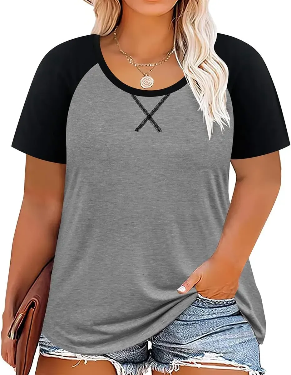 TIYOMI Plus Size T Shirt for Women Short Sleeve Tunic Cross Line Shirts Round Neck Tops Summer Blouse XL-5XL 14-28