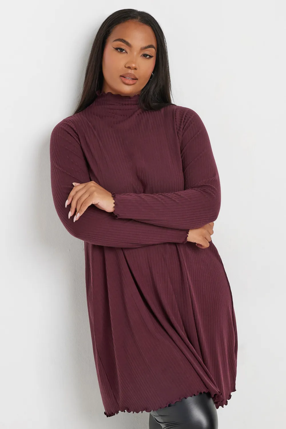 YOURS Curve Burgundy Red Lettuce Edge Tunic Dress