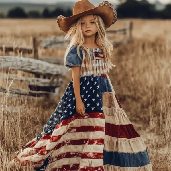 Young Girl's Independence Day America Flag Patchwork Print Linen Short Sleeve Dress