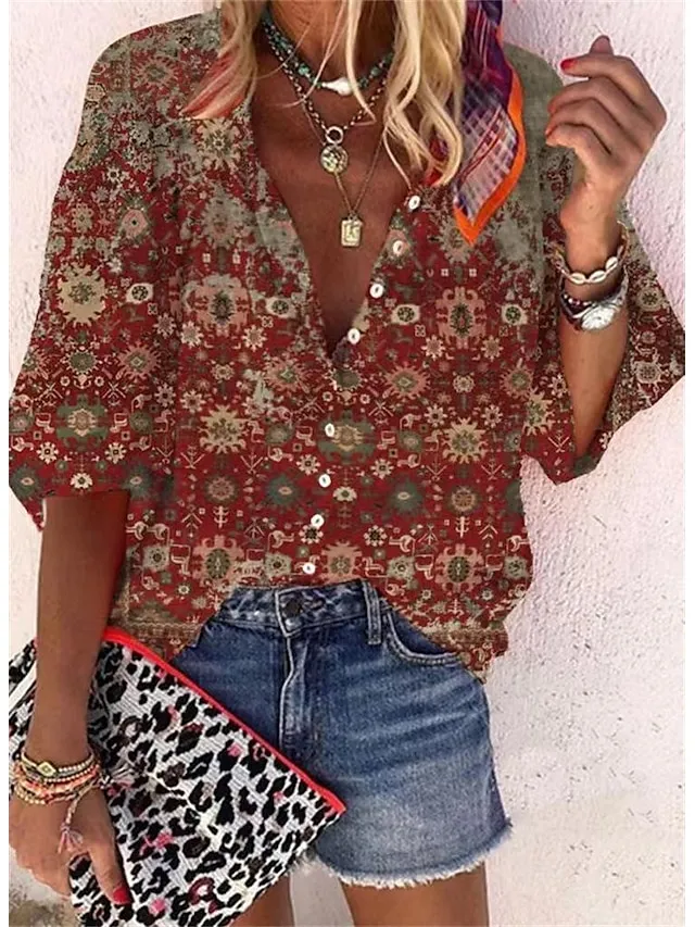 Women's Shirt Blouse Pink Red Blue Graphic Button Print Long Sleeve Casual Basic V Neck Regular Fit Spring Fall