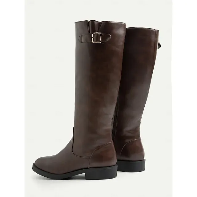 Elegant Women's Brown Leather Riding Boots with Side Zipper and Buckle Detail, Perfect for Equestrian and Casual Outfits