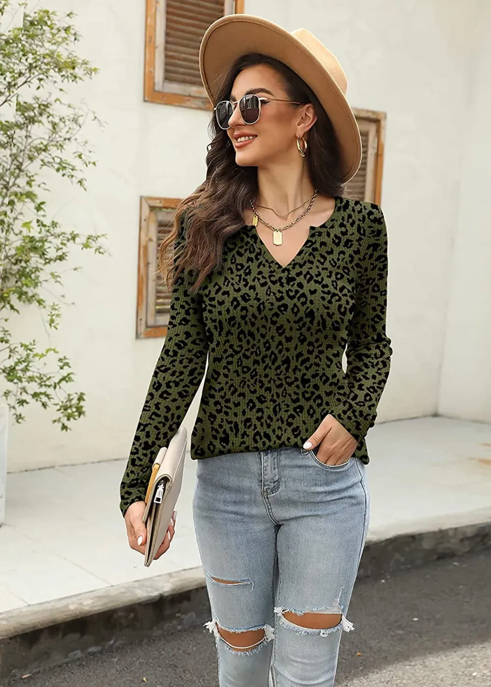 Women's V Neck Waffle Knit Henley Tops Casual Long Sleeve Pullover Sweater Blouses