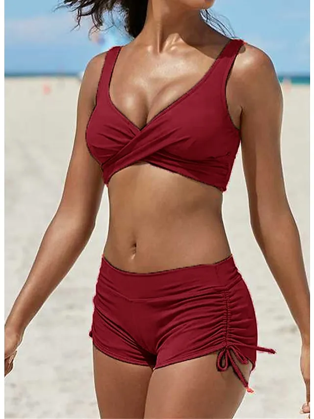 Women's Swimwear Bikini 2 Piece Plus Size Swimsuit Ruched Backless 2 Piece Open Back Slim Camouflage Pure Color Orange Padded V Wire Bathing Suits New Vacation Fashion