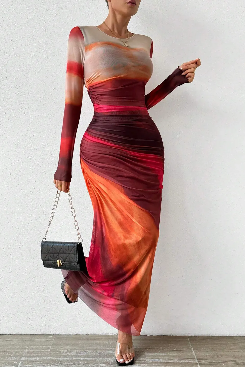 Women's Tie Dye Long Sleeve Pleated Dress