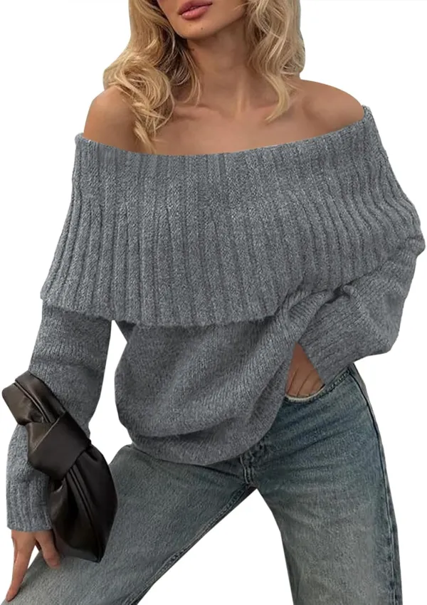 🎄Hot Sale Off The Shoulder Sweaters Long Sleeve Slouchy Knitted Casual Loose Fall Trendy Pullover Tops