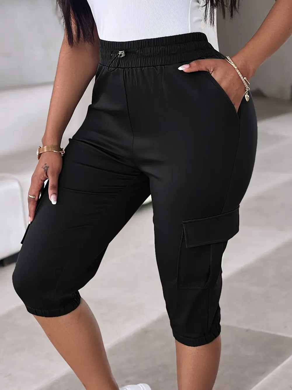🔥Low Stock Alert!Pocket Design Cuffed Drawstring Pants