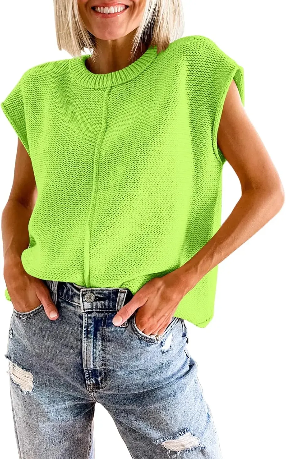 Saodimallsu Womens Summer Cap Sleeve Tops Casual Crew Neck Loose Fit Knit Lightweight Sweater Pullover Top