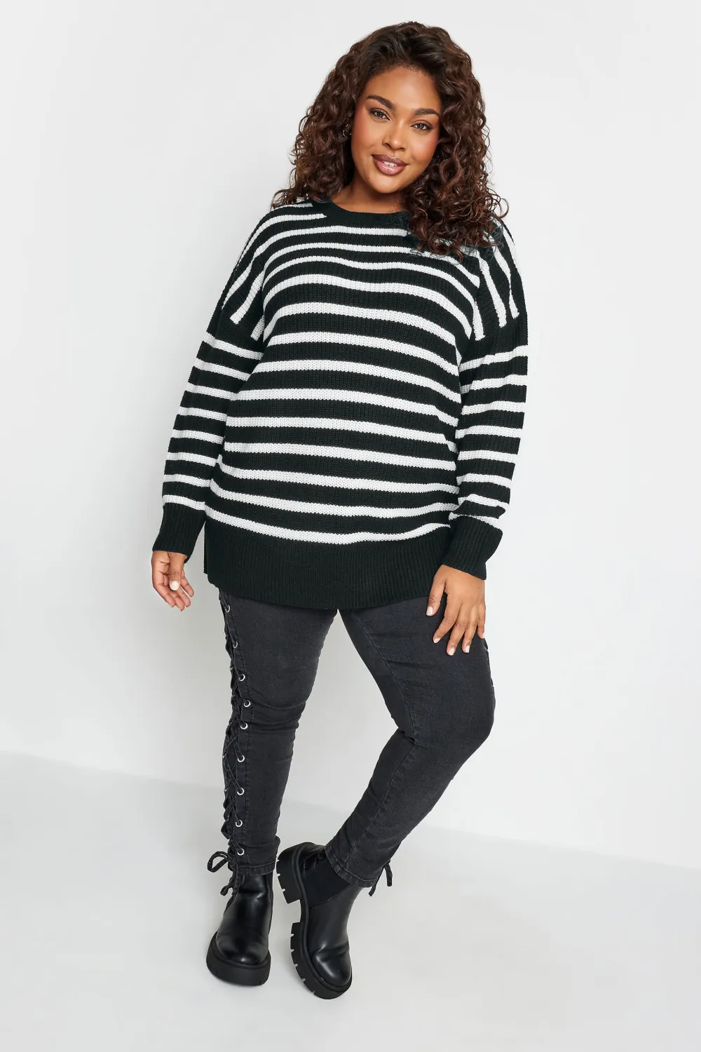 YOURS Curve Black Stripe Drop Shoulder Knitted Jumper