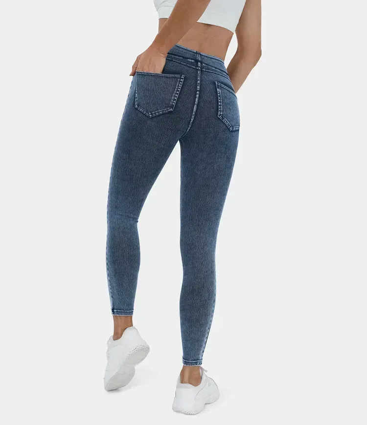 High Waisted Back Side Pocket Stretchy Knit Denim Casual Leggings