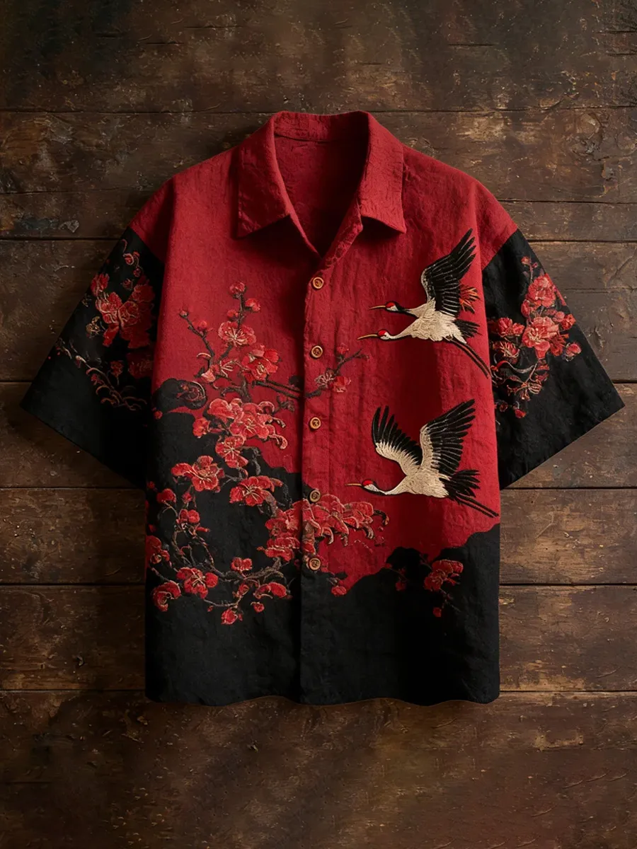 Vintage Japanese Plum & Crane Linen Short Sleeve Shirt