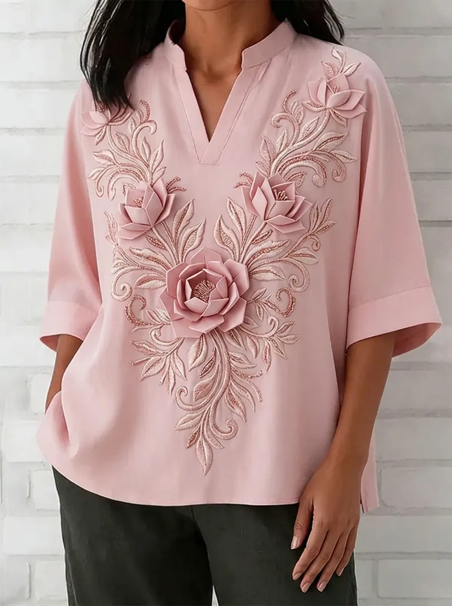 Women's Nashville Floral 3D Applique Printed V-Neck Top