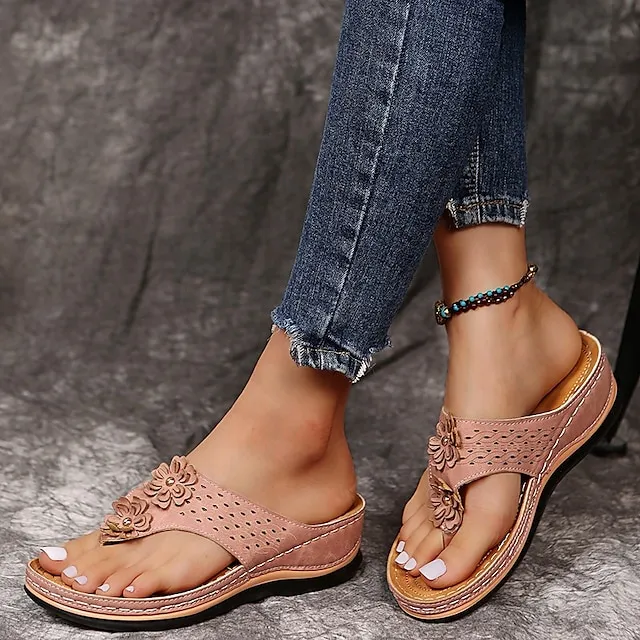 Women's Sandals Slippers Boho Bohemia Beach Wedge Sandals Outdoor Slippers Daily Beach Summer Flower Wedge Heel Round Toe Vintage Casual Faux Leather Loafer Solid Color Black Pink Brown