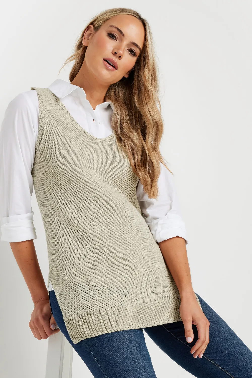 LTS Tall Stone Brown Knitted V-Neck Vest Top