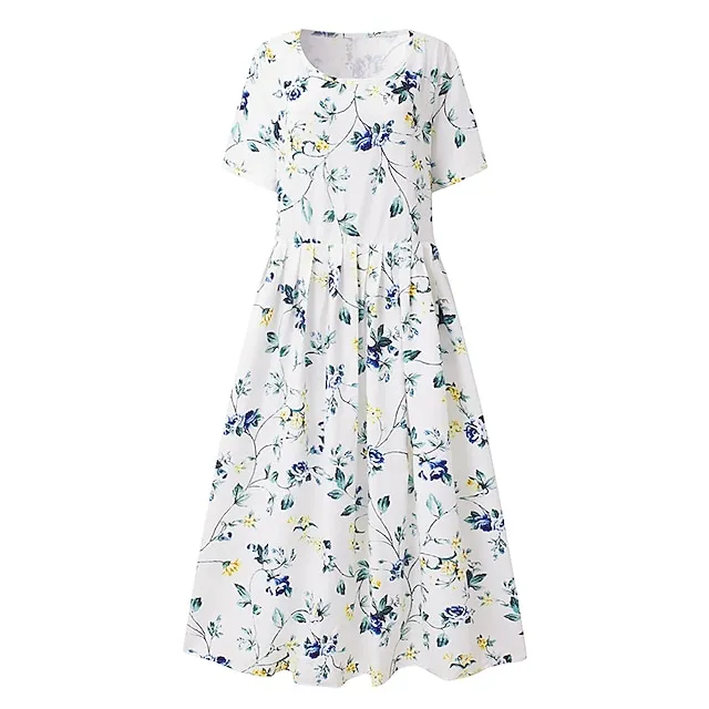 Women's Casual Dress Midi Dress White Blue Green Short Sleeve Floral Ruched Summer Spring Crew Neck Basic Loose Fit 2023 S M L XL XXL 3XL