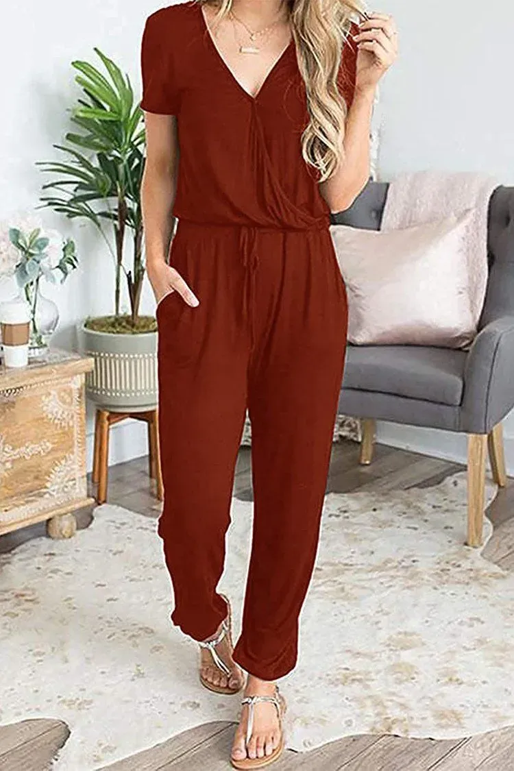 Deep V Neck Wrap Drawstring Waist Jumpsuit