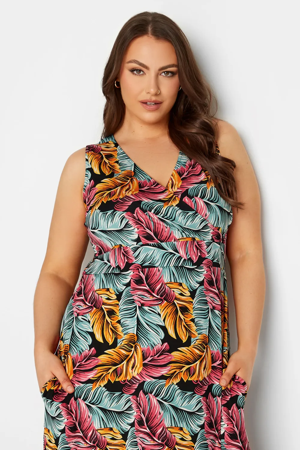 YOURS Curve Black Tropical Leaf Print Wrap Maxi Dress