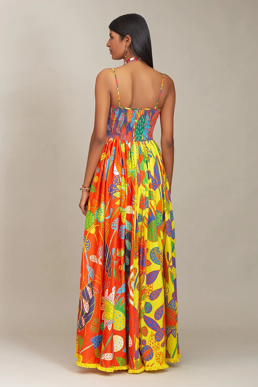 Multicolor cotton printed floral square neck silk spaghetti dress