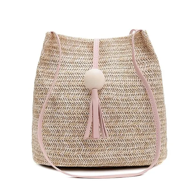 Women's Shoulder Bag Straw Bag Straw Shopping Daily Large Capacity Waterproof Breathable Solid Color Pink Fuchsia Brown