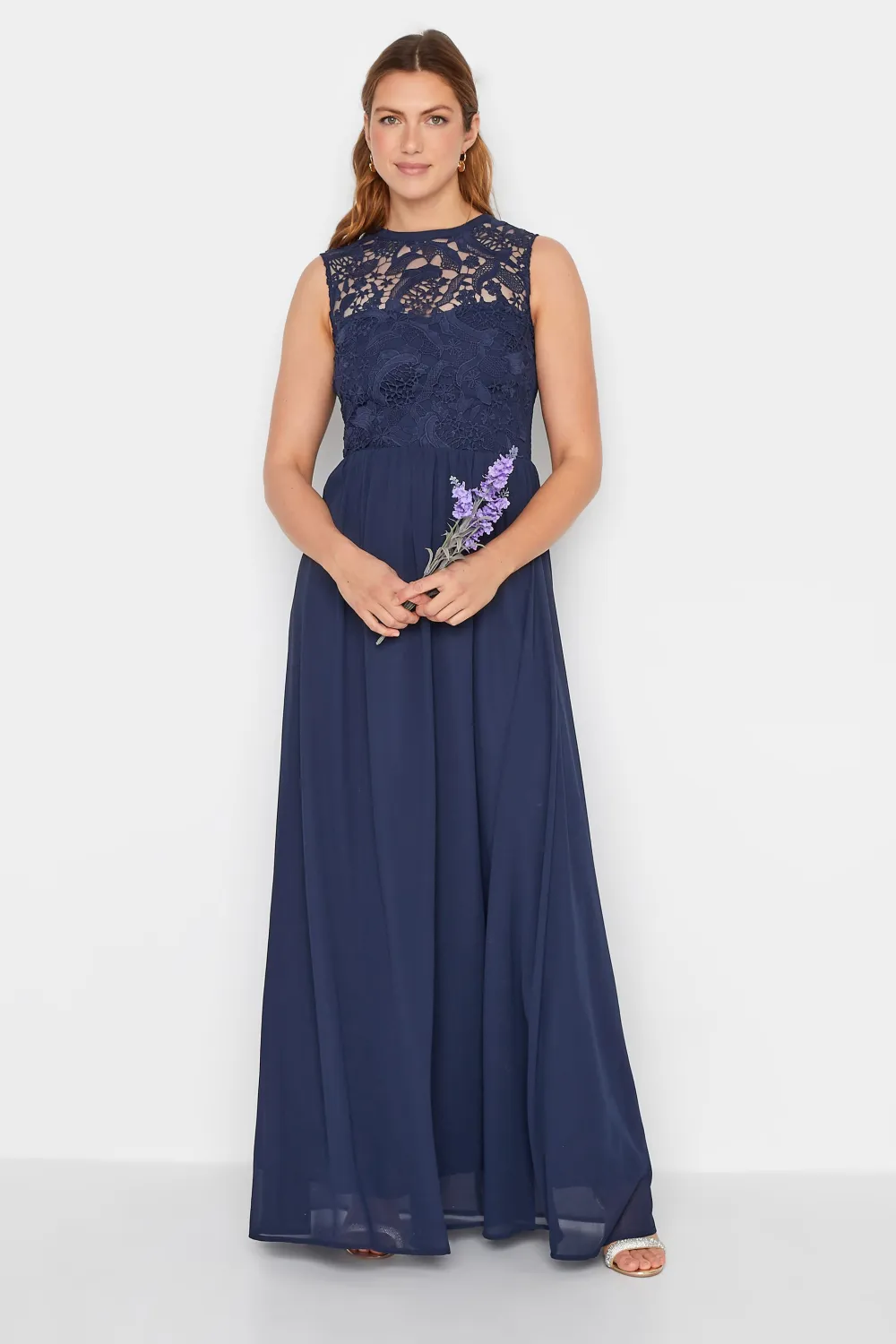 LTS Tall Navy Blue Lace Chiffon Maxi Dress
