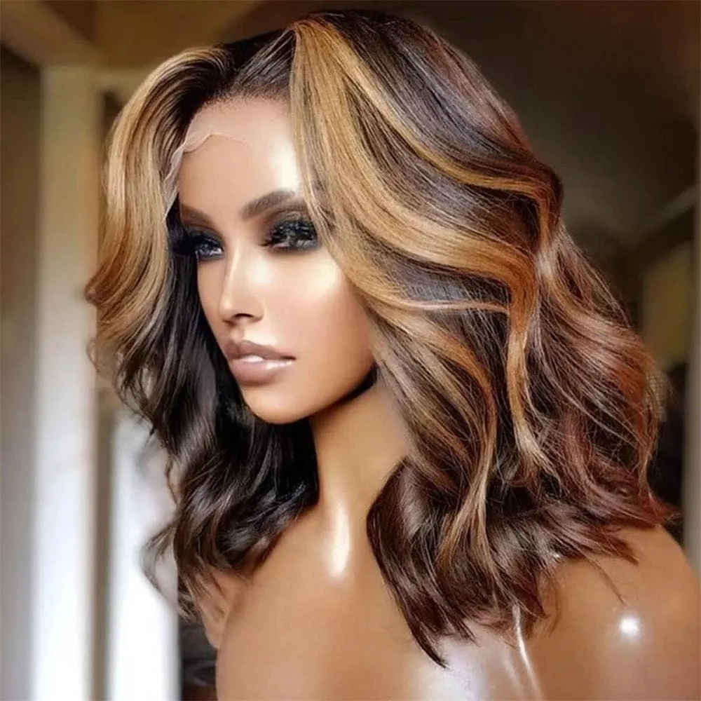 Sterly P4/27 Highlight Colored Short Body Wave HD Lace Human Hair Wig Shoulder Length 180% Density