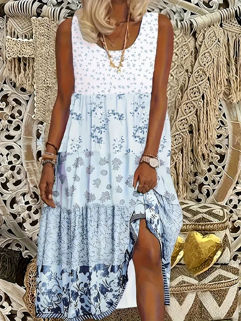 Plus Size Floral Print Tank Dress, Vacation Style Sleeveless Crew Neck Midi Dress For Spring & Summer, Women's Plus Size Clothing