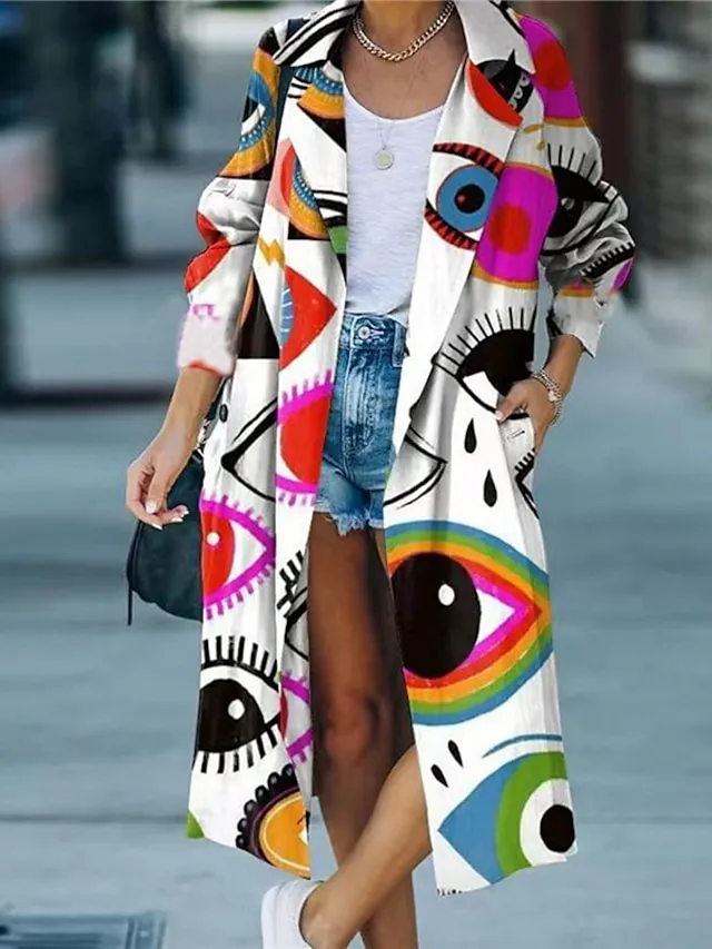 Women's Winter Coat Casual Jacket Warm Breathable Street Daily Going out Pocket Print Open Front Turndown Streetwear Casual Street Style Color Block Regular Fit Outerwear Long Sleeve Fall Spring White