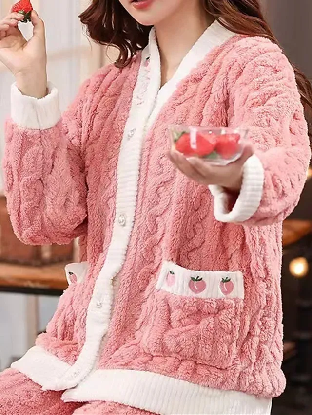 Women's Pajamas Sets Fruit Plush Casual Comfort Home Bed Flannel Warm Breathable V Wire Long Sleeve Shirt Pant Button Pocket Fall Winter Home Outfits