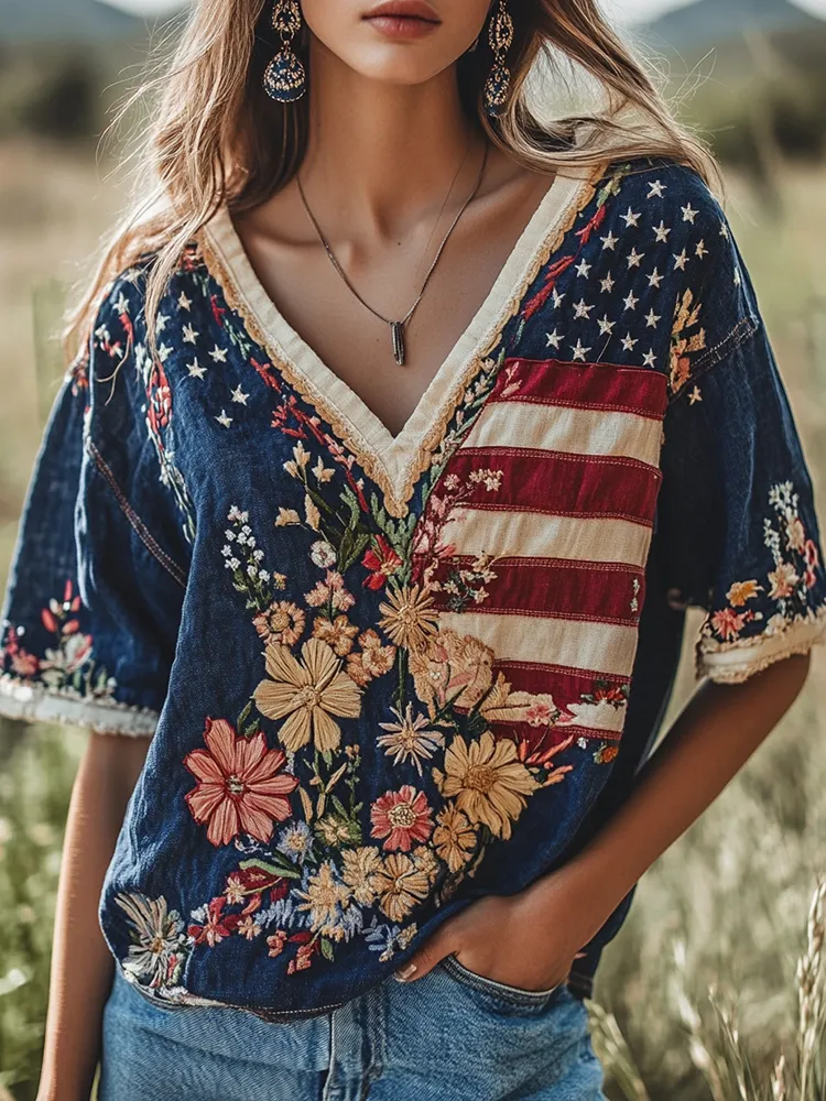 Women's Independence Day Flag Flower Embroidered Art Linen T-shirt